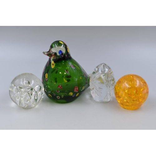 258 - Art Glass Millefiori Style Glass Figural Bird with 3 paperweights