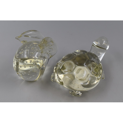 259 - Two Hand Blown Crystal Glass Paperweights in the form of a Controlled Bubble Rabbit and a Tortoise