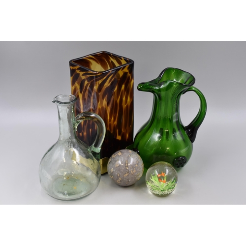 734 - Selection Including Vintage Blown Glass Green Blenko Style Jug, Goldfish Glass Paperweight, Murano S... 