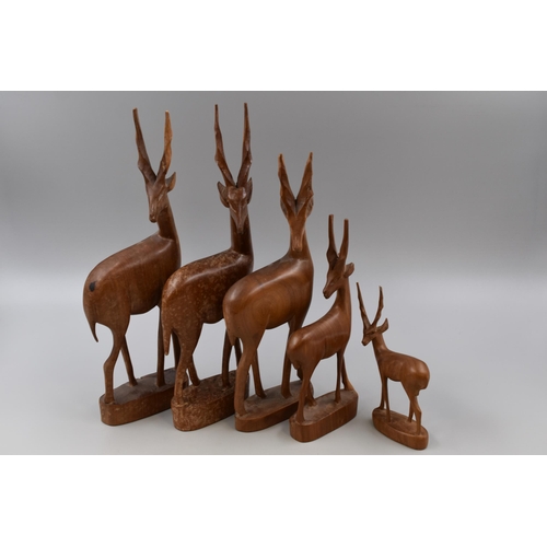 738 - Selection of 5 Mid Century Teak Antelope Figures (Largest 14.5