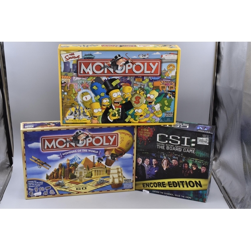 756 - Selection of Board Games Including CSI The Board Game, Monopoly Wonders of The World and Monopoly Th... 