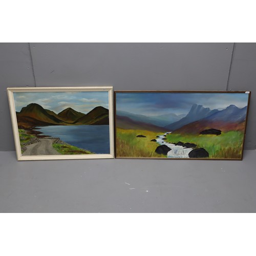 Two Framed Oil on Board paintings Depicting Lake and Mountain Scenes by Unknown artist, one is signed, Largest approx 34"x 19".
