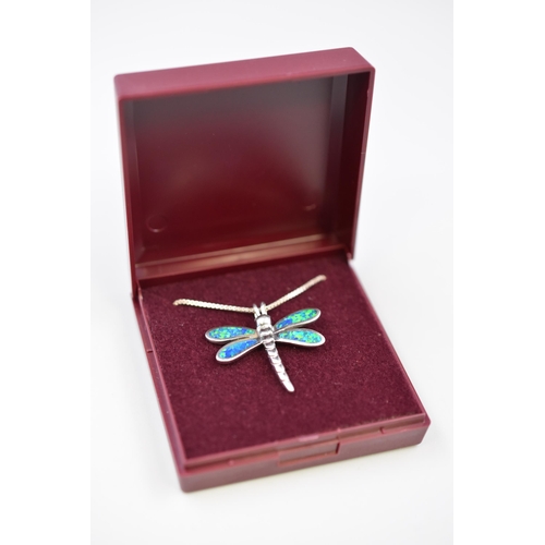 71 - Silver 925 Enameled Dragon Fly Pendant Necklace Complete with Presentation Box