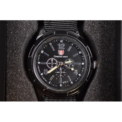 109 - A Gemius Army Military Style Quartz Watch With Fabric Strap, In Presentation Box