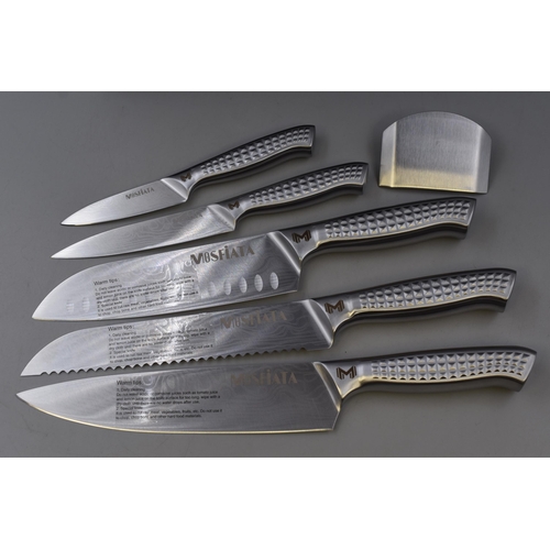 495 - A Mosfiata Five Piece Damascus Steel Kitchen Knife Set, With Finger Guard In Presentation Box. Appea... 