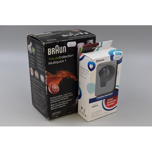 501 - Two Boxed Items to include Braun Multiquick blender working when tested and a Bluetooth Earpiece com... 