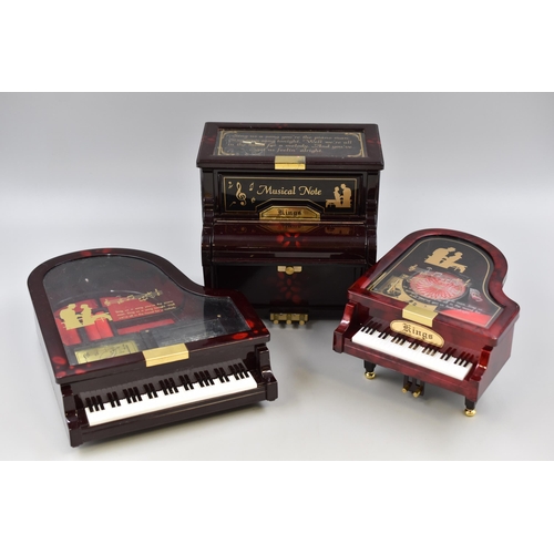 512 - Three Boxed Musical Piano Jewellery Boxes, One is AF