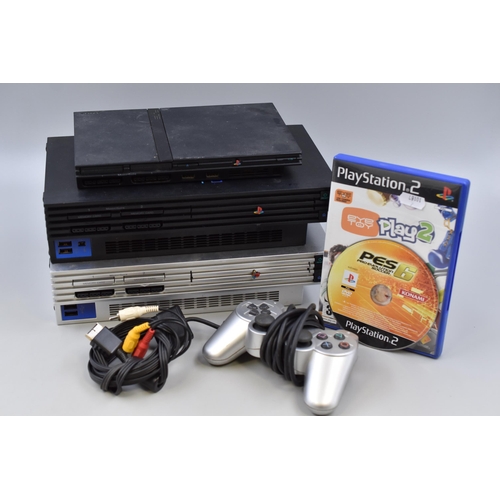 514 - Three PlayStation 2 Consoles (Two Power on When Tested, One if Af), With Controller and Two Games