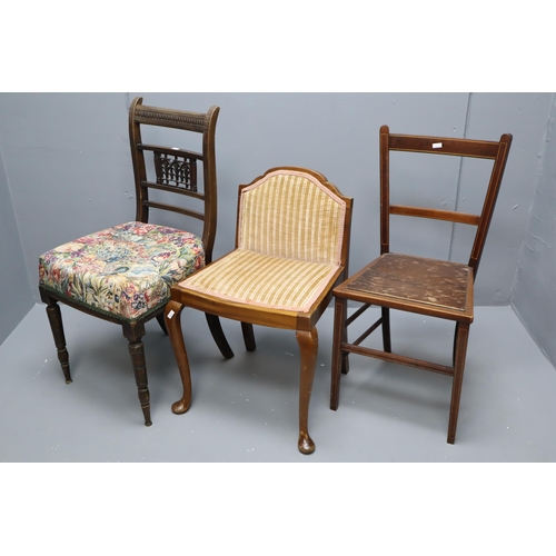 569 - Three Antique Chairs including Empire Style with Queen Anne Legs and Valour Cushion. NO POSTAGE ON T... 