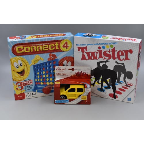 526 - Two board games, Twister & Connect 4 (seem to be complete) & a Hamleys Edge rider car (boxed... 