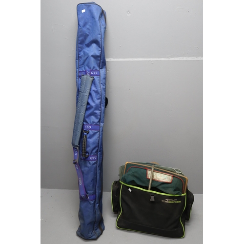 573 - Fishing rod holdall with one 3 piece rod, telescopic rod, fishing brolly, bank sticks, telescopic la... 