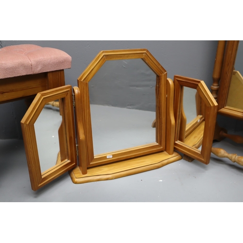 670 - A Trifold Dressing Table Mirror With Pink Velour Seated Dressing Table Stool and Cheval Bedroom Mirr... 