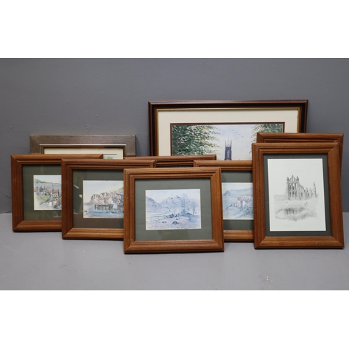 819 - A selection of nine framed artwork prints to include, pencil drawings of York cathedral and Whitby A... 