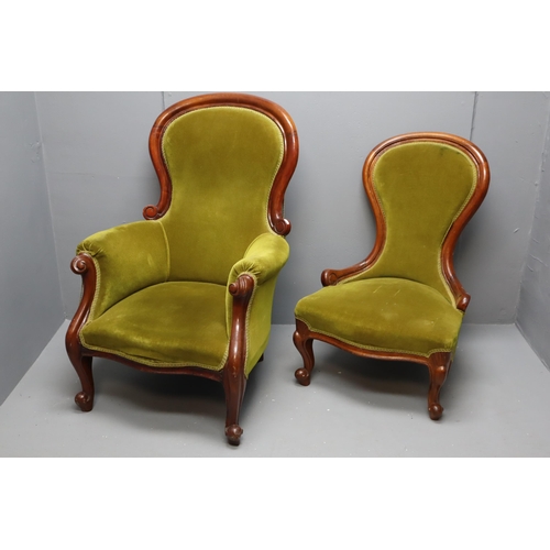 630 - Two vintage Green Velvet Upholstered Boudoir Chairs. NO POSTAGE ON THIS ITEM