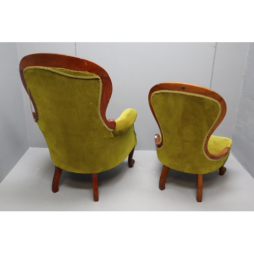 630 - Two vintage Green Velvet Upholstered Boudoir Chairs. NO POSTAGE ON THIS ITEM