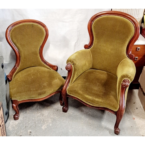 630 - Two vintage Green Velvet Upholstered Boudoir Chairs. NO POSTAGE ON THIS ITEM