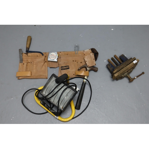 831 - Record No 50 Bench Vice, Rolson Tool Pouch and 240v Wotk Lamp