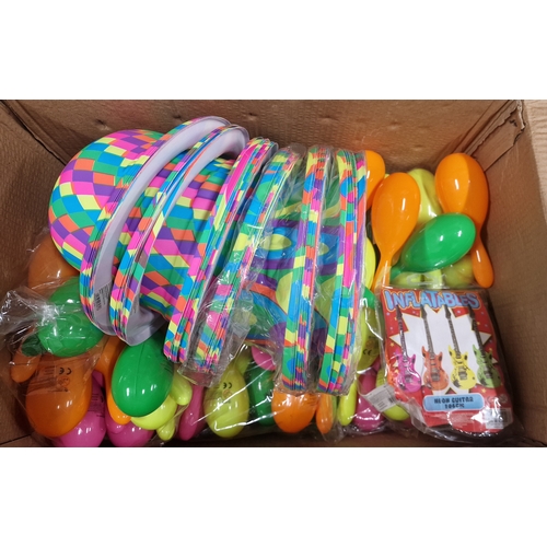 809 - Box Full of Brand New Brightly Coloured Maraccas , Party Hats and and Inflatable Guitar