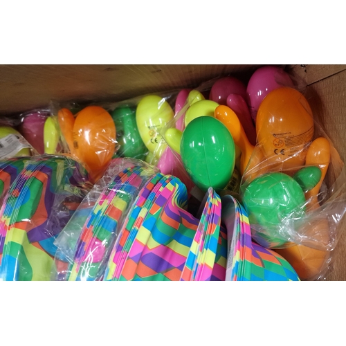 809 - Box Full of Brand New Brightly Coloured Maraccas , Party Hats and and Inflatable Guitar