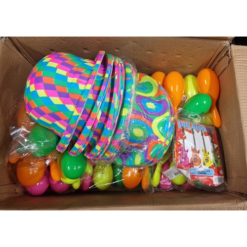 809 - Box Full of Brand New Brightly Coloured Maraccas , Party Hats and and Inflatable Guitar