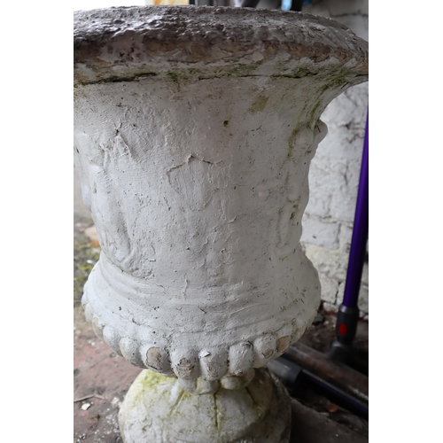 591 - Two heavy white garden stone urns with separate pedestals measuring 19