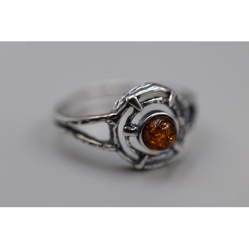 2 - Silver 925 Amber Stoned Ring (Size T)