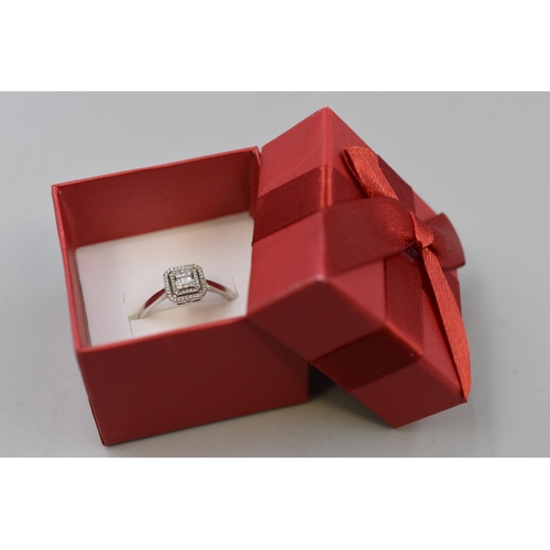 16 - White Gold 375 (9ct) Marcasite Ring (Size S) Complete with Presentation Box