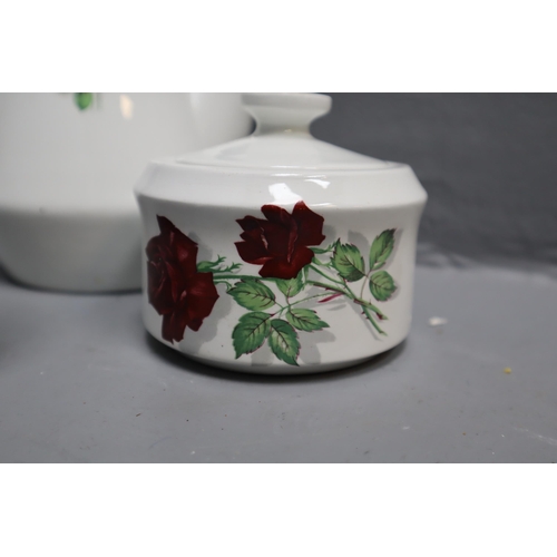 341 - Vintage Alfred Clough coffee set with rose pattern to include coffee pot, six cups and saucers, milk... 