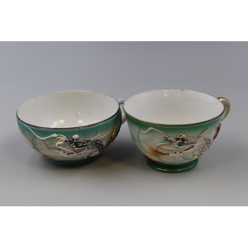 424 - A Nineteen Piece Japanese Geisha Girl Dragon Tea Set, On Tray. One Cup is AF