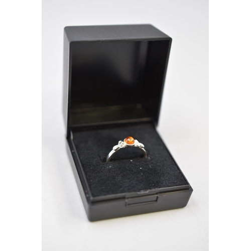 239 - Silver 925, Amber Stoned Ring Complete in Presentation Box, Size V