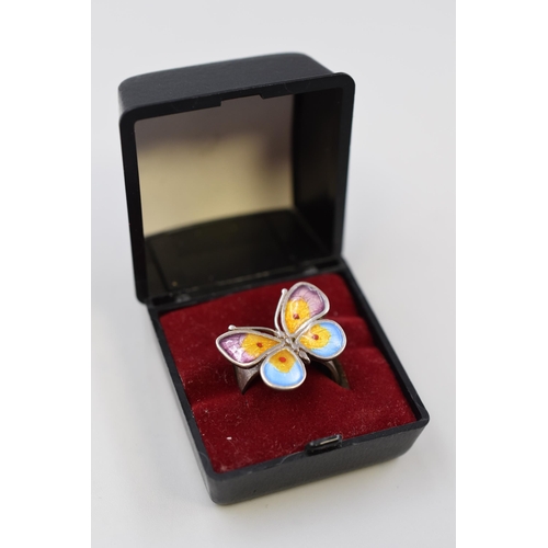 19 - Vintage Silver 925 Enamelled Butterfly Ring Complete with Case