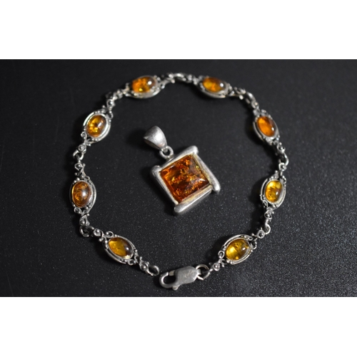 244 - Silver 925 Amber Bracelet & Unmarked Amber Pendant