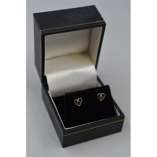 23 - Pair of Unmarked Gold Heart Shaped Earrings Complete with Presentation Box