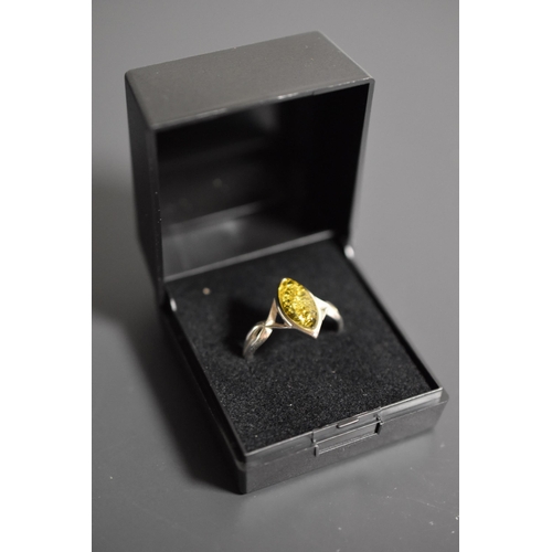 245 - Silver 925, Yellow Amber Stoned Ring Complete in Presentation Box, Size R