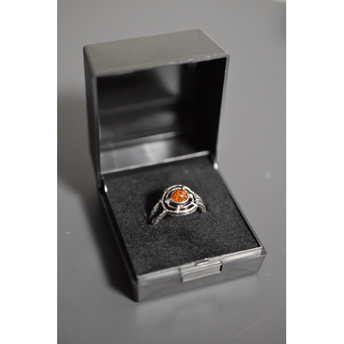 246 - Silver 925, Amber Stoned Ring Complete in Presentation Box, Size T