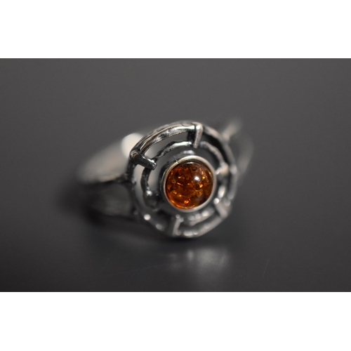 246 - Silver 925, Amber Stoned Ring Complete in Presentation Box, Size T