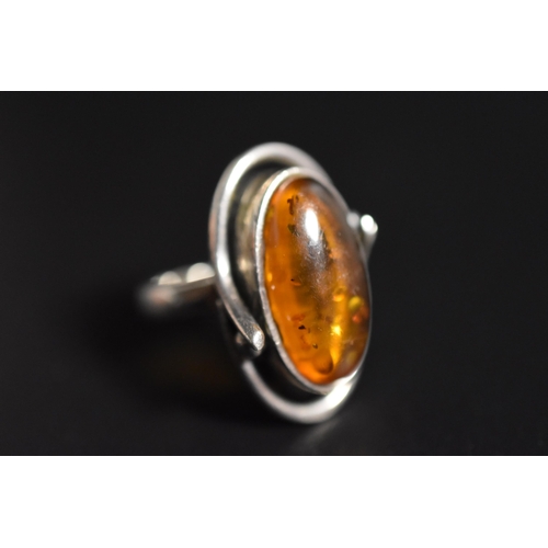 247 - Large Amber Stoned Ring, Silver 925, Size N