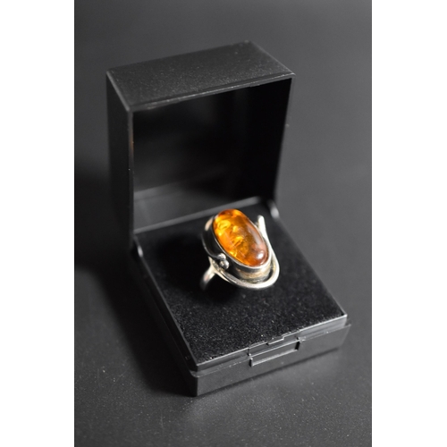 247 - Large Amber Stoned Ring, Silver 925, Size N