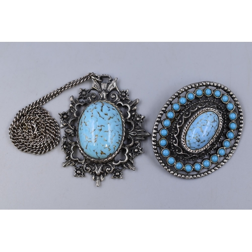 72 - Unmarked Silver Turquoise necklace with matching brooch