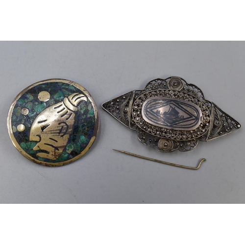 74 - A 925. Silver Aztec Style Brooch, With 925. Silver Filigree Brooch (AF)