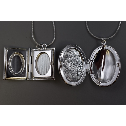 85 - Two 925 Silver Locket Pendants both on a chain, one book shaped and the other oval shaped