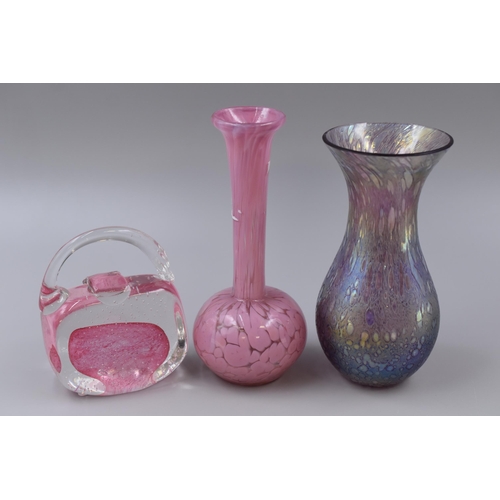 276 - Three Hand Blown Glass Ornaments to include a Iridescent Heron Glass Vase, Mdina Pink Bud Vase, and ... 