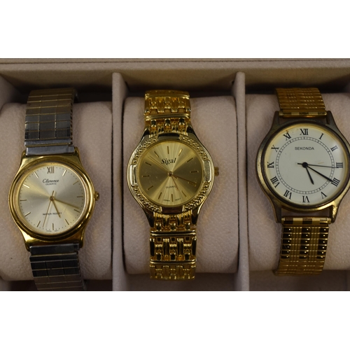 137 - selection of 6 Gents Watches all working complete with Faux Leather Display Case