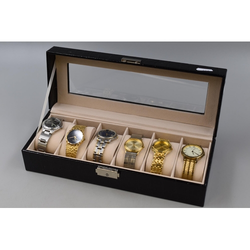 137 - selection of 6 Gents Watches all working complete with Faux Leather Display Case