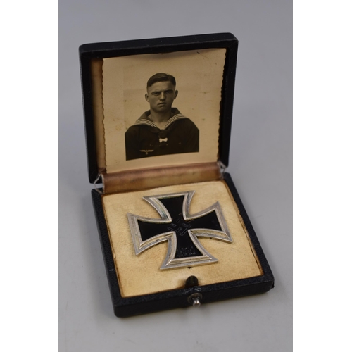 297 - German WWII Iron Cross with Picture showing Potential Recipient Complete with Case