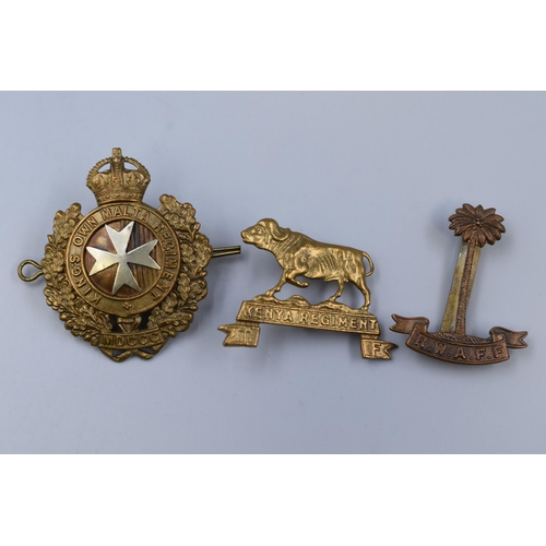 301 - Three Military Cap Badges To Include King's Own Malta, Kenya Regiment Territorial Force, Royal West ... 