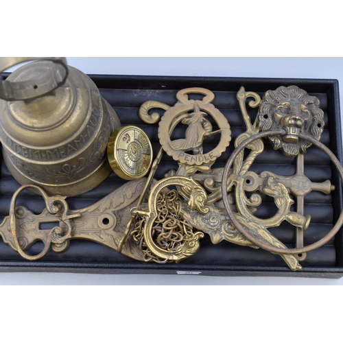 154 - A Selection of Brassware To Include Monastery Bell, 50 Year Calendar, Lion Door Knocker, Pendle Witc... 