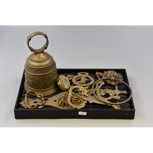 154 - A Selection of Brassware To Include Monastery Bell, 50 Year Calendar, Lion Door Knocker, Pendle Witc... 