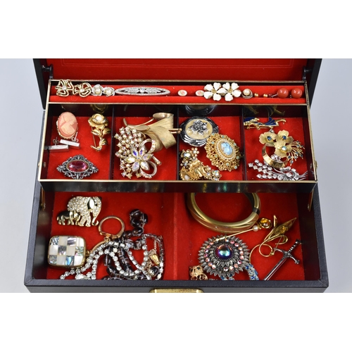 156 - Mirrored Jewellery Box with a Selection of Brooches, Earrings, and More