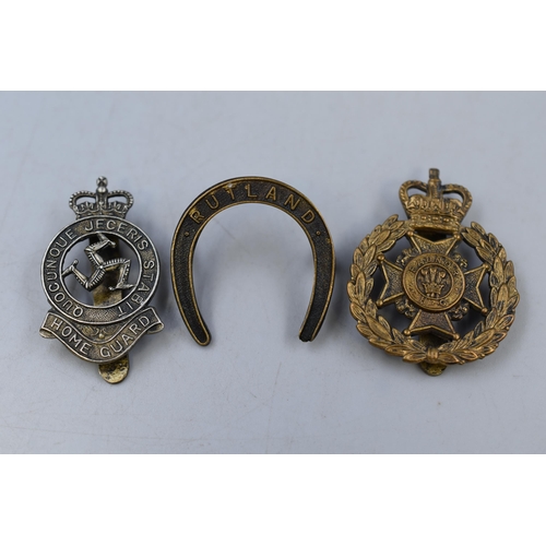 311 - Three Military Cap Badges To Include Rutland, IOM Home Guard, And Radnor